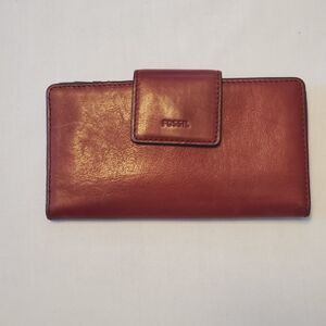 Vintage Fossil Mini Red Leather Bi-fold Wallet Snap Close City